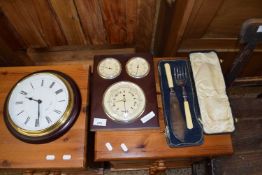 MIXED LOT: WALL CLOCK, BAROMETER AND CASED FISH SERVERS