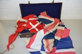 SMALL CASE CONTAINING SMALL VINTAGE UNION JACK FLAG, VARIOUS BOAT PENNANT FLAGS AND OTHERS