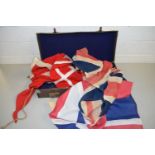 SMALL CASE CONTAINING SMALL VINTAGE UNION JACK FLAG, VARIOUS BOAT PENNANT FLAGS AND OTHERS