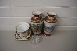 MIXED LOT: PAIR OF LATE 19TH OR EARLY 20TH CENTURY JAPANESE VASES TOGETHER WITH FURTHER FLORAL