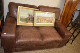 BROWN LEATHER UPHOLSTERED TWO SEATER SOFA
