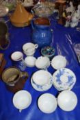 MIXED LOT: JAPANESE TEA WARES, PALESTINE COVERED JAR, BLUE GLAZED JUG AND OTHER ASSORTED ITEMS