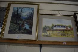 MIXED LOT: WATERCOLOUR STUDY OF A PARK VIEW TOGETHER WITH TWO COLOURED PRINTS (3)