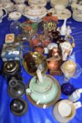 LARGE MIXED LOT TO INCLUDE REPRODUCTION GLASS DOMES, VARIOUS CANDLESTICKS, TINS, MINIATURE COPPER