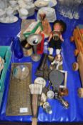 MIXED LOT: VARIOUS ASSORTED ORNAMENTS, VINTAGE DOLL, SMALL WALL MOUNTED MIRROR, FLAT IRON, CAMEL