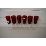 SIX RUBY AND CLEAR GLASS CHAMPAGNE GLASSES