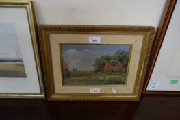 EARLY 20TH CENTURY SCHOOL STUDY OF RURAL COTTAGES, OIL ON CANVAS, INITIALLED "AM", GILT FRAMED