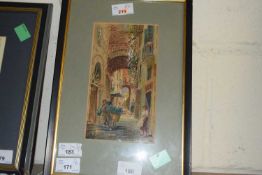 Continental school, Spanish street scene, ink and watercolour, indistinctly signed, framed and