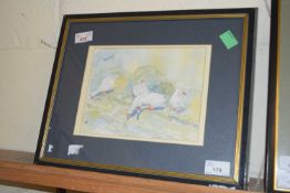 British, contemporary, Geese on the riverbank, pen, watercolour and wash, indistinctly initialed,