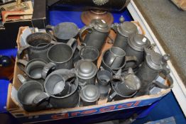 BOX CONTAINING A COLLECTION OF VARIOUS 19TH CENTURY AND LATER PEWTER TANKARDS AND JUGS