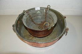 COPPER HANGING JARDINIERE AND A COPPER DOUBLE HANDLED PAN