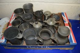 BOX OF VARIOUS 19TH CENTURY AND LATER PEWTER TANKARDS AND JUGS