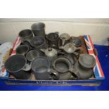 BOX OF VARIOUS 19TH CENTURY AND LATER PEWTER TANKARDS AND JUGS