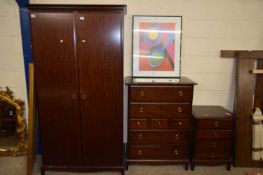 STAG MINSTREL BEDROOM SUITE COMPRISING DOUBLE DOOR WARDROBE, CHEST OF DRAWERS AND BEDSIDE CABINET