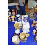 MIXED LOT TO INCLUDE GLASS DECANTER, GREAT YARMOUTH POTTERY MUGS, VARIOUS TANKARDS ETC