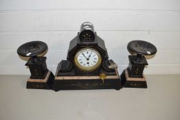 LATE VICTORIAN THREE PIECE CLOCK GARNITURE IN SLATE AND MARBLE