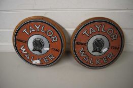 PAIR OF CIRCULAR METAL PLAQUES MARKED "TAYLOR WALKER SINCE 1730"