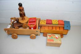 TWO SMALL PULL ALONG TRUCKS OF CHILDRENS BUILDING BLOCKS PLUS OTHER ASSORTED ITEMS