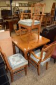 MODERN DUCAL PINE KITCHEN TABLE ON TURNED LEGS TOGETHER WITH FOUR CHAIRS (5)