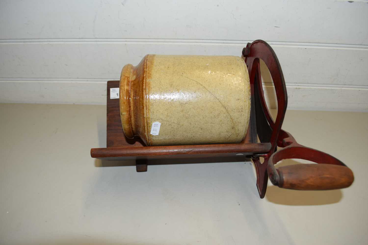 VINTAGE WOOD AND IRON BREAD SLICER AND A FURTHER KITCHEN JAR