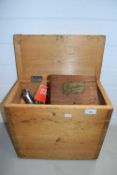 WOODEN BOX CONTAINING VARIOUS STAPLERS, SEWING SUPPLIES ETC