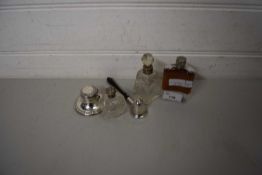 MIXED LOT: SMALL SILVER MOUNTED INK WELL, CANDLE SNUFFER, DRESSING TABLE BOTTLES AND A SMALL HIP