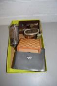 BOX OF VARIOUS MIXED ITEMS TO INCLUDE VINTAGE SAVINGS BANK TINS, PEWTER CARD CASE AND OTHER ASSORTED