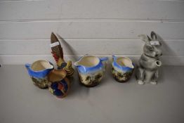 MIXED LOT TO INCLUDE VARIOUS DECORATED JUGS, RABBIT FORMED TEAPOT