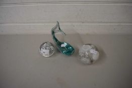 TWO MODERN PAPERWEIGHTS AND AN ART GLASS FISH