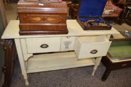 CREAM PAINTED TWO DRAWER HALL TABLE WITH WHEATSHEAF DECORATION, 175 CM WIDE