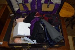 LEATHER CASE OF VARIOUS DOLLS CLOTHES AND OTHER ITEMS