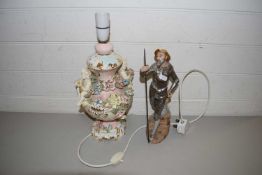 ITALIAN FLORAL ENCRUSTED TABLE LAMP TOGETHER WITH A FURTHER FIGURE OF A KNIGHT