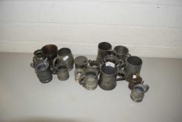A COLLECTION OF VARIOUS 19TH CENTURY AND LATER SMALL PEWTER TANKARDS AND MEASURES