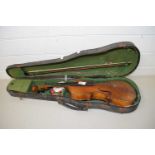 VINTAGE VIOLIN BEARING A SPURIOUS LABEL FOR STRADIVARIUS TOGETHER WITH CASE AND BOW, VERY WORN