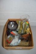 BOX OF VARIOUS SMALL ORNAMENTS, GLASS FUNNEL, BOSSONS DOG HEAD ORNAMENT ETC