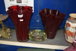 TWO RED FRILLED GLASS VASES