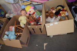 FOUR BOXES OF VARIOUS ASSORTED DOLLS, SOFT TOYS ETC
