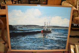SANDISON (CONTEMPORARY) STUDY OF A HARBOUR SCENE, OIL ON BOARD, FRAMED