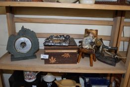 MIXED LOT: FLAT IRONS, SMALL BAROMETER, MINIATURE DOLL AND CHAIR, POKERWORK DECORATED BOX
