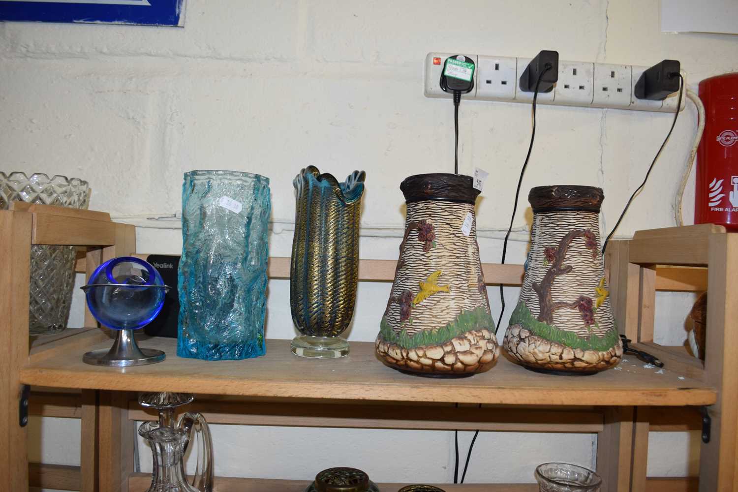 MIXED LOT: ART GLASS VASES, NOVELTY GLASS AND CHROME ASHTRAY, A PAIR OF FLORAL DECORATED VASES