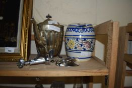 MIXED LOT: SILVER PLATED TEAPOT, CORKSCREW, FLORAL DECORATED JUG ETC
