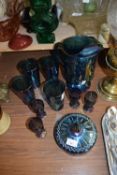 MIXED LOT: CARNIVAL GLASS COMPRISING LEMONADE JUG AND TUMBLERS, SMALL WINES AND A COVERED JAR