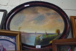 20TH CENTURY SCHOOL STUDY OF A FISHERMAN BESIDE A RIVER, OIL ON BOARD, SET IN AN OVAL FRAME
