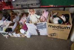 FOUR BOXES OF VARIOUS PORCELAIN HEADED DOLLS AND SOFT TOYS