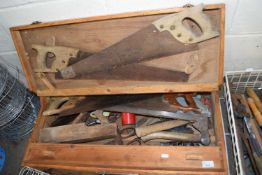 PINE TOOLBOX AND VARIOUS SAWS AND OTHER ASSORTED TOOLS