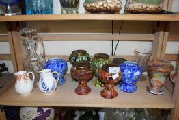 MIXED LOT: VARIOUS MOTTLED GLASS VASES, SMALL WORCESTER JUGS, GLASS DECANTER ETC