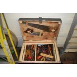 LARGE PAINTED PINE TOOL BOX AND CONTENTS