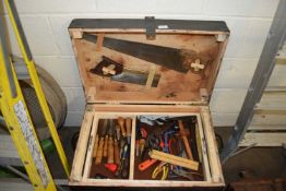 LARGE PAINTED PINE TOOL BOX AND CONTENTS