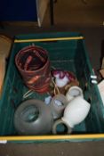 BOX OF VARIOUS ASSORTED GLASS LIGHT SHADES, TABLE LAMP ETC