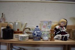 MIXED LOT: VARIOUS ITEMS TO INCLUDE PORCELAIN HEADED DOLL, VARIOUS VASES ETC